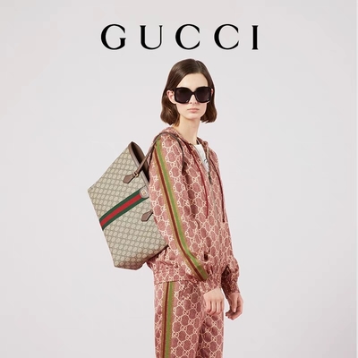 Lederne getrimmte Segeltuch-Gucci Ophidia Tote White Medium GG-Damen