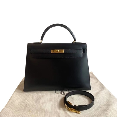 HermèS Kelly 32 Preloved brannte Tasche schwarzes Gold-Hardware-Kasten-Schwarzes Epsoms Sellier ein