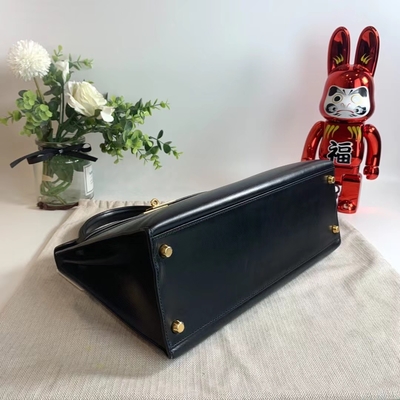 HermèS Kelly 32 Preloved brannte Tasche schwarzes Gold-Hardware-Kasten-Schwarzes Epsoms Sellier ein