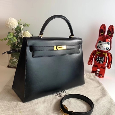 HermèS Kelly 32 Preloved brannte Tasche schwarzes Gold-Hardware-Kasten-Schwarzes Epsoms Sellier ein