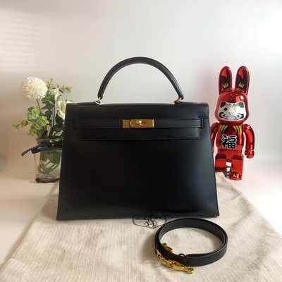 HermèS Kelly 32 Preloved brannte Tasche schwarzes Gold-Hardware-Kasten-Schwarzes Epsoms Sellier ein