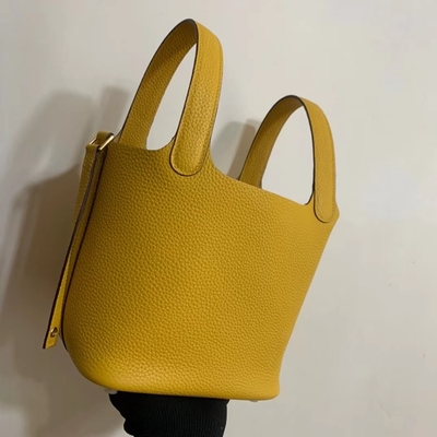 Hermes Branded Ladys Handbag Jaune Ambre Picotin Lock P.M. Clemence Leather Soleil