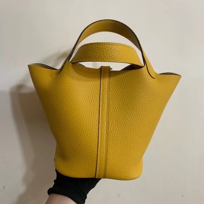 Hermes Branded Ladys Handbag Jaune Ambre Picotin Lock P.M. Clemence Leather Soleil