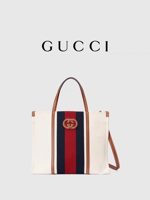 Weißes Baumwollsegeltuch Mini Blue Striped Tote Bag Guccis, der G ineinander greift