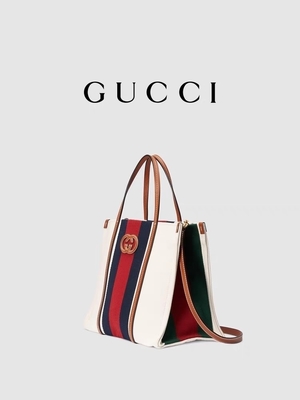 Weißes Baumwollsegeltuch Mini Blue Striped Tote Bag Guccis, der G ineinander greift