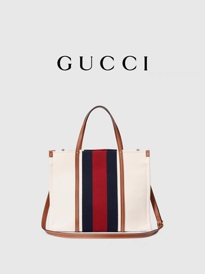 Weißes Baumwollsegeltuch Mini Blue Striped Tote Bag Guccis, der G ineinander greift