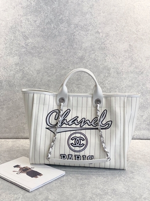 30cm 23P Chanel Deauville Tote Bag White Ecru Schwarz-Streifen