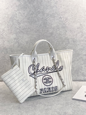 30cm 23P Chanel Deauville Tote Bag White Ecru Schwarz-Streifen