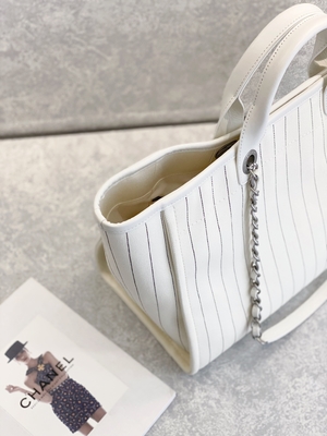 30cm 23P Chanel Deauville Tote Bag White Ecru Schwarz-Streifen