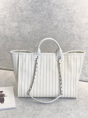 30cm 23P Chanel Deauville Tote Bag White Ecru Schwarz-Streifen
