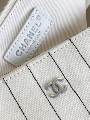 30cm 23P Chanel Deauville Tote Bag White Ecru Schwarz-Streifen